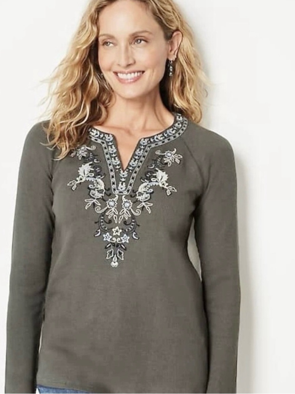 J.Jill Women’s Embroidered Khaki Green Waffle Long-Sleeved Top Size L